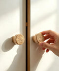 Six Piece Boho Rattan Wood Dresser Knob Set For Cabinets And Drawers Natural Finish Durable 1.57 Inch Diameter And 1.18 Inch Height Fits 16 To 19mm Door Panels Adds Warm Modern Country Chic Look No Sweat Install on white cabinet doors