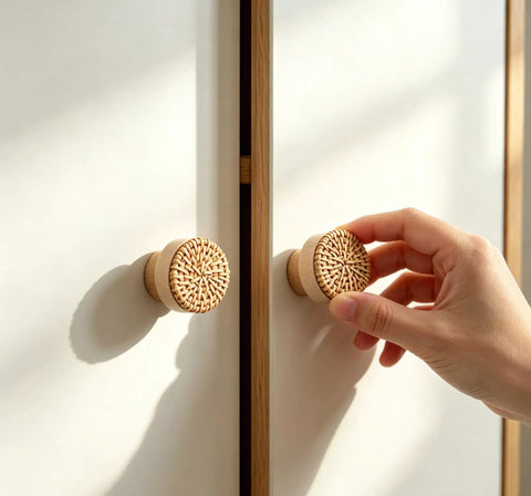 Six Piece Boho Rattan Wood Dresser Knob Set For Cabinets And Drawers Natural Finish Durable 1.57 Inch Diameter And 1.18 Inch Height Fits 16 To 19mm Door Panels Adds Warm Modern Country Chic Look No Sweat Install on white cabinet doors