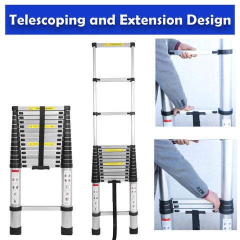 Telescoping Aluminum Ladder 20.3Ft Extension With Detachable Hooks EN131 Standard 330 Lb Load Capacity Adjustable Height In 15.7 Inch Increments Lightweight Built Like a Beast Portable Home Use Step Ladder For Ceiling Lights Painting And Hanging Decor, telescoped and folded