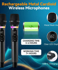 Dual Wireless Karaoke Microphone Set With Rechargeable Receiver showcasing metal cardioid mics with LED display and USB-C port