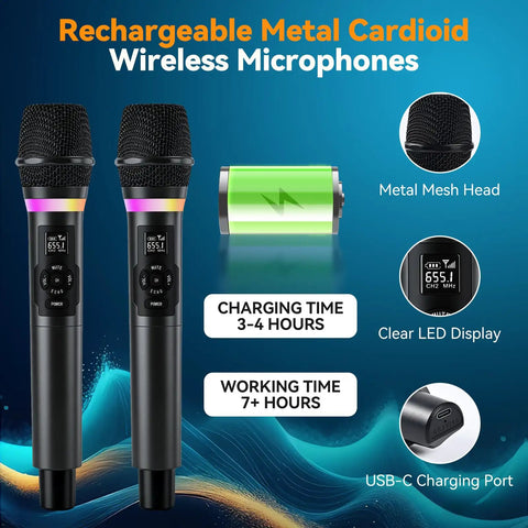 Dual Wireless Karaoke Microphone Set With Rechargeable Receiver showcasing metal cardioid mics with LED display and USB-C port
