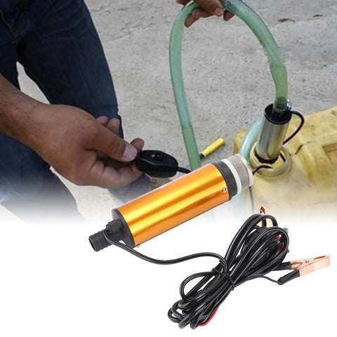Beefy 12V Submersible Water Transfer Pump For Diesel Kerosene And Water shown during use with cables and outlet connection
