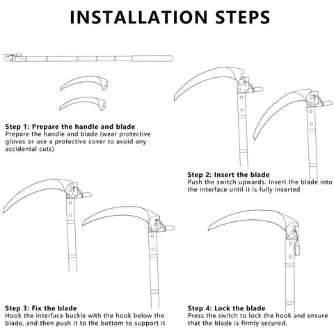 Installation steps for Detachable Grass Sickle Folding Harvest Scythe Tool With Carbon Steel Blade And Anti Slip Rubber Handle.