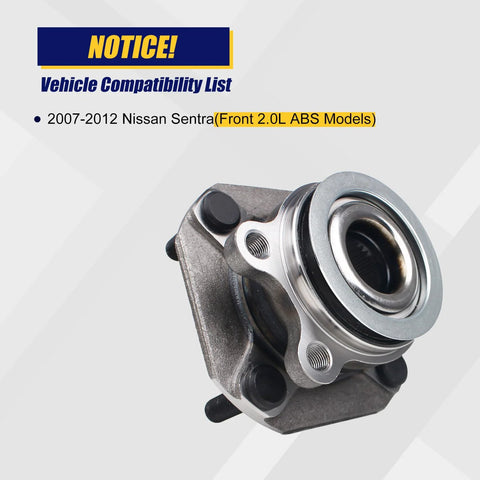 Front Wheel Bearing And Hub Assembly 513297 For 2007 To 2012 Nissan Sentra ABS Front Position Four Lug Bolts Replacement Fits 2.0L Models Brand New Top Notch OEM Quality Direct Fit High Durability