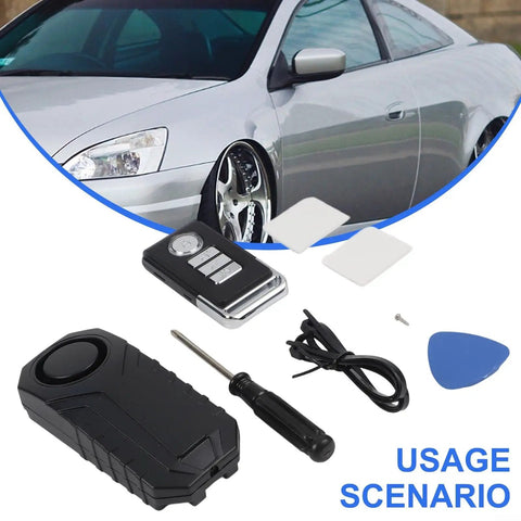Lock Down Your Ride With This Slick 113dB Wireless Bike Alarm, Featuring A Hype Beating Vibration Sensor That Screams At Thieves And Lets You Control It Remotely From 66 Feet Away In Total Black Style. Wireless black car alarm kit with remote, sensor, screws and install tools
