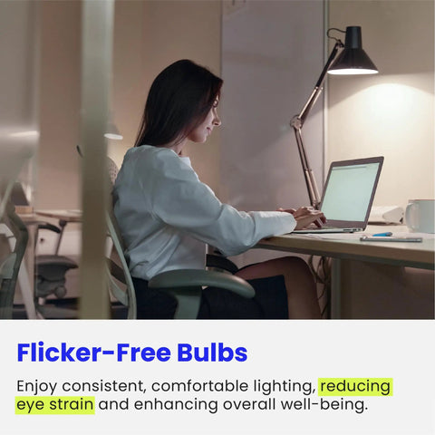 Woman working at desk under A19 LED Light Bulbs 60W Equivalent Non Dimmable 800 Lumens E26 Standard Base 2700K Soft White