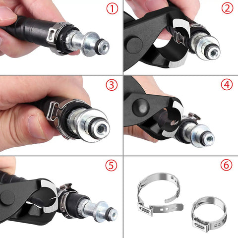 Stepless Single-Ear Hose Clamp Pliers Kit With 304 Stainless Steel Pipe Clamps 200 Pcs 5.8-21mm Range Pro-Grade For DIYers And Pros Leak-Free Fit Under Vibration And Temperature Shifts, showing pliers crimping a steel clamp on a pipe