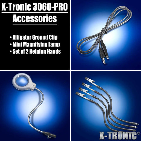 Pro Grade 75W Soldering Iron Station Kit with mini mag lamp, helping hands, and cables on blue background