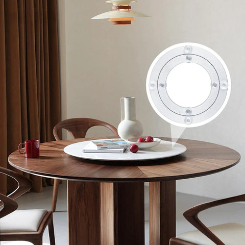 Top Shelf Aluminum Alloy 4 Pack Lazy Susan Turntables With Breezy 360 Spin Action For Kitchen Cabinets Countertops And Dining Tables Straight Up Hassle Free Organizer Hardware displayed on a dining table.