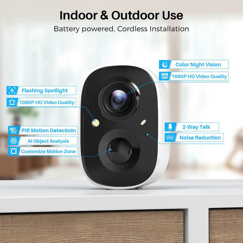2K Battery Powered Wireless Security Camera for Indoor Outdoor Use With AI Motion Detection, Color Night Vision, on table