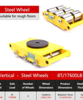 Heavy Duty Machinery Moving Skates With 17600 Lb Load Rating shown with steel wheels, designed for rough floor use.