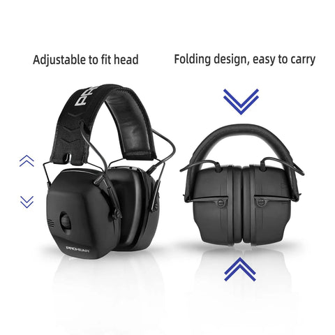 Electronic Shooting Ear Protection Muffs With 30 dB NRR And 0.01s Reaction Time, featuring adjustable headband and folding design
