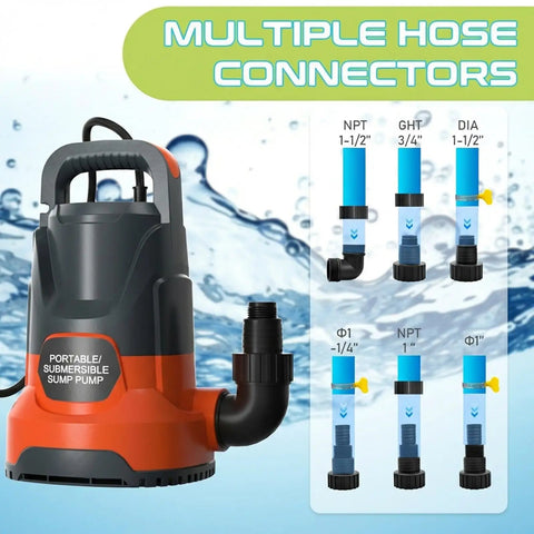 Tough As Nails Submersible Sump Pump with multiple hose connectors for efficient water drainage and quick flood removal.