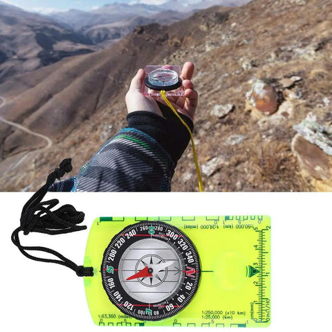 Trail-Ready All-In-One Orienteering Compass for hiking use in mountainous terrain, featuring acrylic plate and lanyard.
