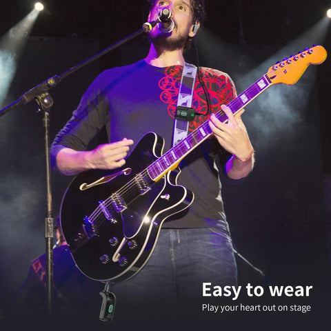 Musician using Wireless In Ear Monitor System 2.4GHz With Transmitter And Clip On Receiver for live performance on stage