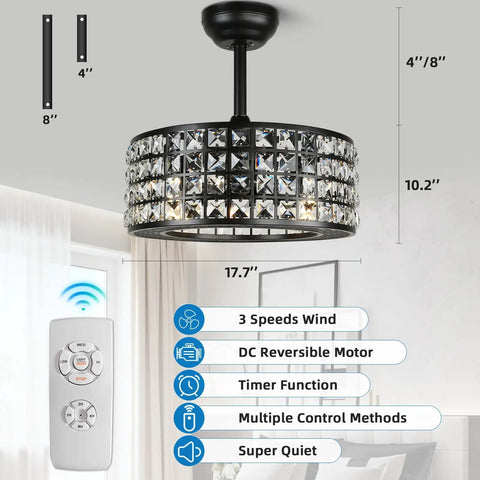 Crystal Ceiling Fan With Lights And Remote Bladeless Fandelier 18 Inch Caged Industrial Ceiling Fan Chandelier, remote and features