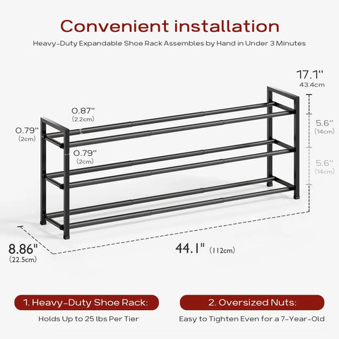 Expandable 3-Tier Shoe Rack For Closet And Entryway, Adjustable From 18 To 44 Inches, Fits 15-18 Pairs, Heavy-Duty Metal Black Shoe Organizer.