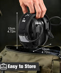 Noise Reduction Ear Muffs With Gel Ear Pads 23dB NRR Slim Design For Gun Range And Hunting held above a green bag