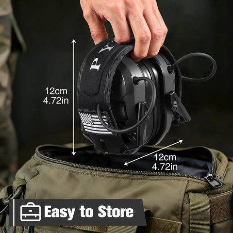 Noise Reduction Ear Muffs With Gel Ear Pads 23dB NRR Slim Design For Gun Range And Hunting held above a green bag