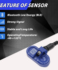 Top Shelf Four Piece Bluetooth TPMS Sensor Kit For Tesla Model 3 Y S X 2020 To 2025 showing features like Bluetooth Low Energy.