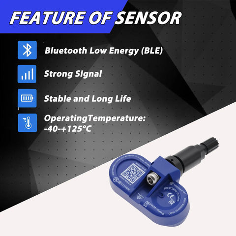 Top Shelf Four Piece Bluetooth TPMS Sensor Kit For Tesla Model 3 Y S X 2020 To 2025 showing features like Bluetooth Low Energy.