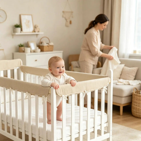Cot Rail Protector Two Piece Set Breathable Cotton Gauze With Adjustable Straps on crib in nursery with baby and parent.