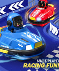 Two Pack Cool Cute Cartoon Remote Control Bumper Cars For Toddlers racing on track, blue and red cars with cartoon drivers