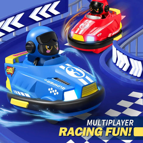 Two Pack Cool Cute Cartoon Remote Control Bumper Cars For Toddlers racing on track, blue and red cars with cartoon drivers