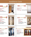 Installation guide showing various configurations for Heavy Duty Double Track Barn Door Hardware Kit With 4 Rollers. Rail lengths vary for single, double, and pocket doors.