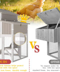 Comparison of spacious wooden chicken coop with run and elevated coop vs standard frame against a background of a chicken.