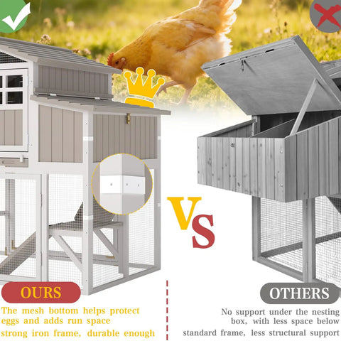 Comparison of spacious wooden chicken coop with run and elevated coop vs standard frame against a background of a chicken.