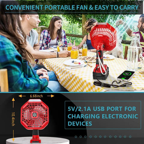 Cordless Jobsite Fan With LED Light And Remote Control 18V Battery Powered on picnic table with USB charging port