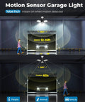 Motion Sensor Garage Light Ultra Bright 8000LM 6500K Shop Light With 3 Modes Auto On Off PIR Detection 360 Degree Coverage Detects Movement Up To 15 Feet Perfect For Garage, Shop, And Driveway, ceiling-mounted in garage with car and pedestrian