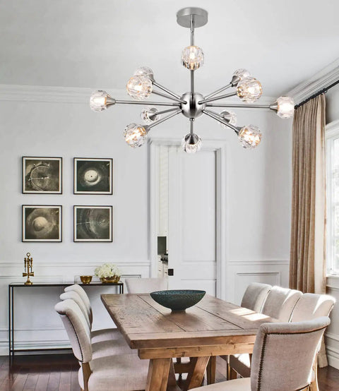 Lit 12 Light Black Sputnik Chandelier With Modern Glass Globes Pendant Ceiling Light For Dining Room Living Room And Bedroom Vintage Style Modern Fixture With Sloped Ceiling Adapter Canopy in a dining room