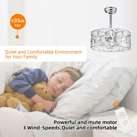 Neojoyoenix 18" ' Decor Forward Reverse 5 Blades Ceiling Fan Lamps, Cage Closed Industrial Style Vintage Fan with 3 Speeds Adjustable for Living Room, Bedroom, Kitchen , Chrome, above sleeping child.