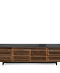 Quad Width Low Media Cabinet 8173 With Natural Walnut Finish, front view of space saving TV console featuring slatted design and cable management