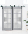 Two Door Sliding Barn Doors Set For Interiors With Frosted Glass And Solid Wood Panels In Black Finish 84 By 96 Inches Classic Farmhouse Style Hardware Included