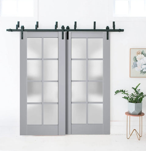 Two Door Sliding Barn Doors Set For Interiors With Frosted Glass And Solid Wood Panels In Black Finish 84 By 96 Inches Classic Farmhouse Style Hardware Included