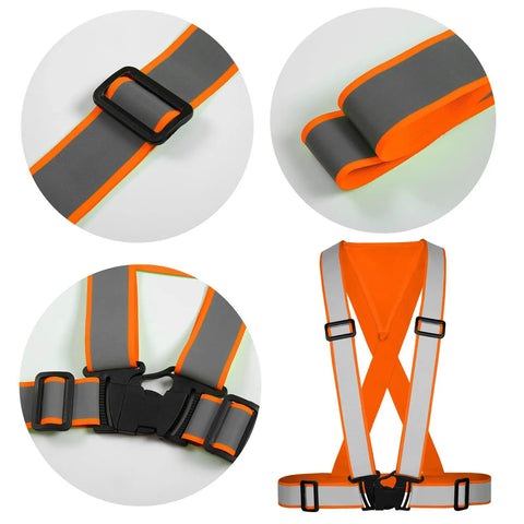 Built Tough Adjustable Safety Vest Straps With Big Bright Reflective Coating For Construction Sites And Weekend Rides No Hassle Custom Logo Setup Ansi Rated Durable Fire Engine Orange One Pack shown from multiple angles detailing strap adjustments.