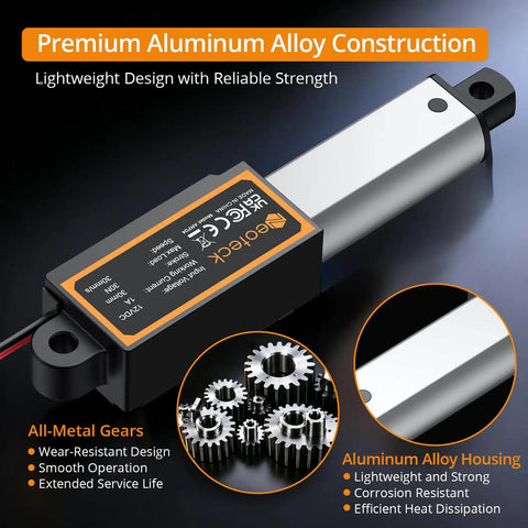 Straight Shooting 12 Volt Telescoping Linear Actuator With One Point Two Inch Stroke Delivers Six Point Seven Pound Push Thrust and smooth aluminum alloy design.