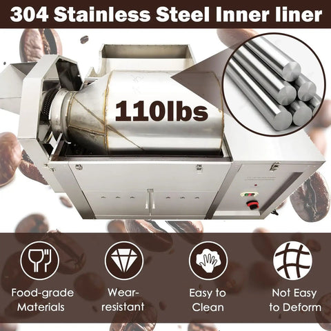 Commercial Gas Coffee Roaster With 110 Lb Drum Capacity showing stainless steel drum and control panel.