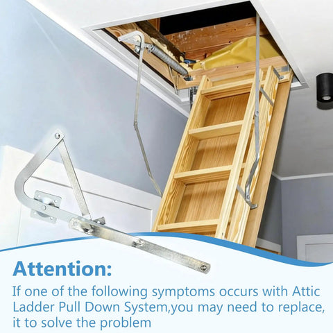 55-2 Attic Ladder Hinge Arms With Springs No Fuss Replacement Kit for Attic Ladders After 2010 shown on a wooden attic ladder
