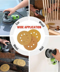 Heavy Duty 5 Inch Yellow Sanding Discs With Hook And Loop Velcro Backing Set Of 50 Pieces Premium Aluminum Oxide in use on wood and car surfaces.