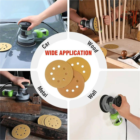 Heavy Duty 5 Inch Yellow Sanding Discs With Hook And Loop Velcro Backing Set Of 50 Pieces Premium Aluminum Oxide in use on wood and car surfaces.