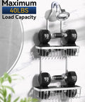 Rustproof Aluminum Shower Caddy Hanging Organizer With Two Tier Baskets Three Removable Hooks And Soap Dish Inside Shower Storage For Razors Shampoo Gel Towels And More In Bright Silver hanging under shower with weights demonstrating load capacity