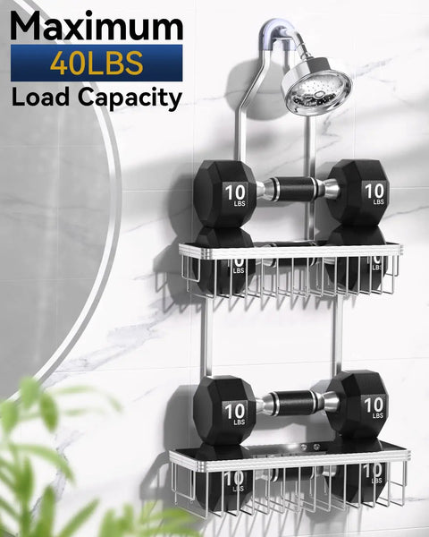 Rustproof Aluminum Shower Caddy Hanging Organizer With Two Tier Baskets Three Removable Hooks And Soap Dish Inside Shower Storage For Razors Shampoo Gel Towels And More In Bright Silver hanging under shower with weights demonstrating load capacity