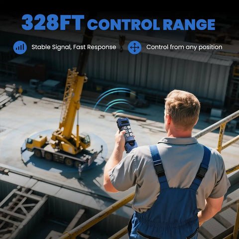 Worker using 12V Six Button Wireless Crane Remote Control For Hoists And Trucks, Industrial Lift Switch, Built Tough PA66 Construction Remote