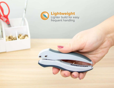 Hand holding lightweight gray and blue stapler on desk, ideal for frequent use and easy handling in home office. Pack Of 5 EZ Squeeze One-Hole Punch Set With 10 Sheet Capacity, Lightweight Gray Blue Desk Side Workhorse, No Jam Tech, Ergonomic Grip, Easy Clean Chip Tray, Handle Lock For Storage, Ideal For Home Office.