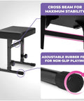 Close-up of cross beam and rubber feet on piano keyboard stand and bench set portable heavy duty music stand for 54 to 88 keyboards.