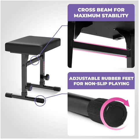 Close-up of cross beam and rubber feet on piano keyboard stand and bench set portable heavy duty music stand for 54 to 88 keyboards.